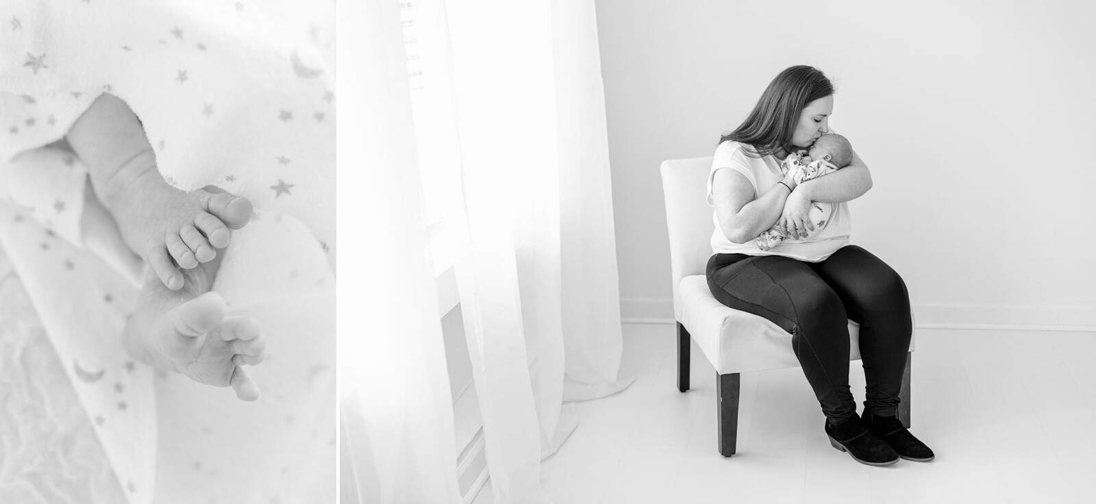 b/w image of mother holding baby in a white chair