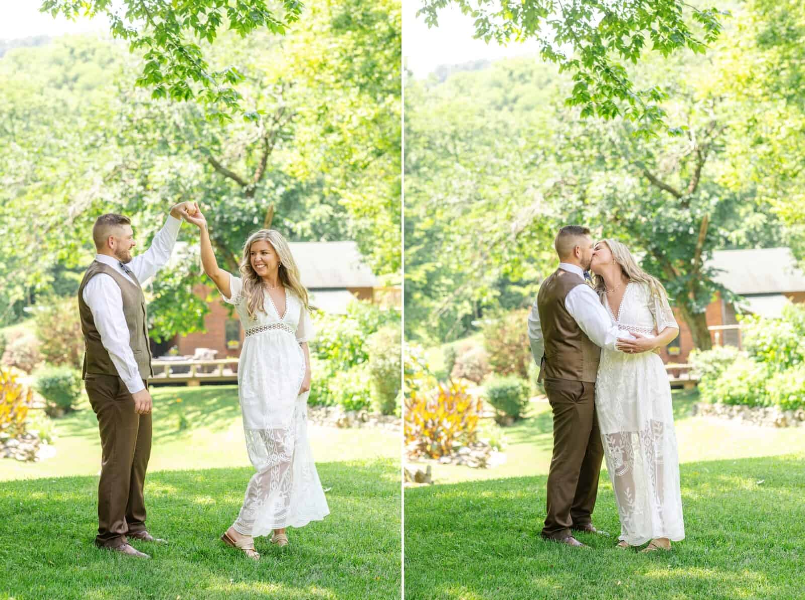 Bride and groom share twirl and dance under sunny trees