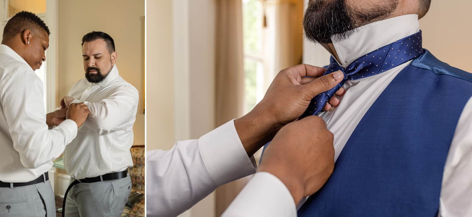 Same sex couple get dressed and straighten tie for their wedding