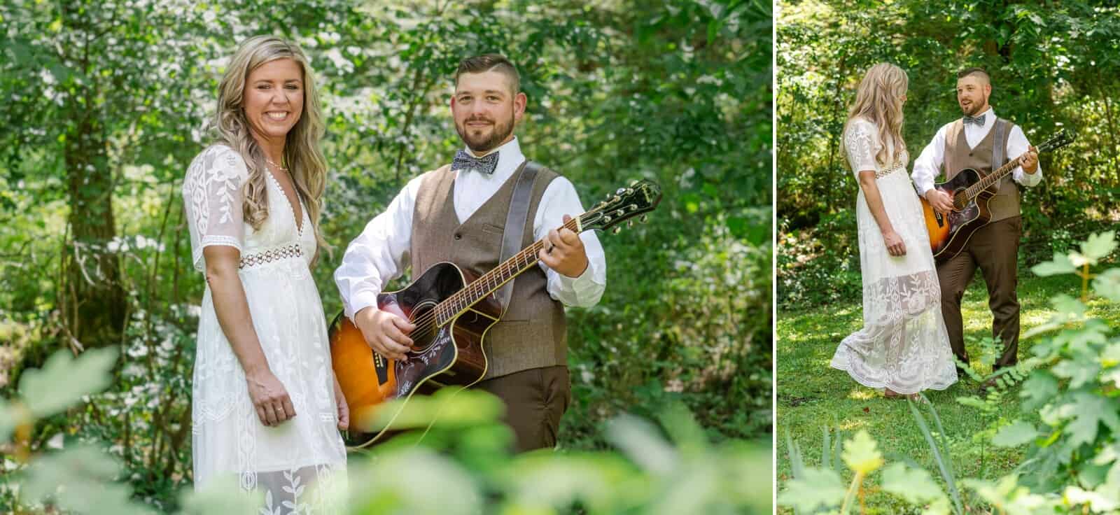 Groom strums guitar for bride in lace dress under sunny trees