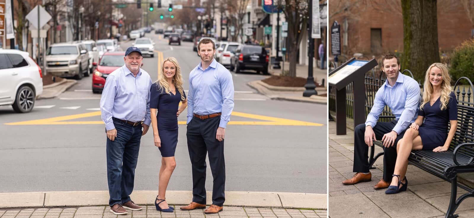 two men and one woman pose with small town street behind them
