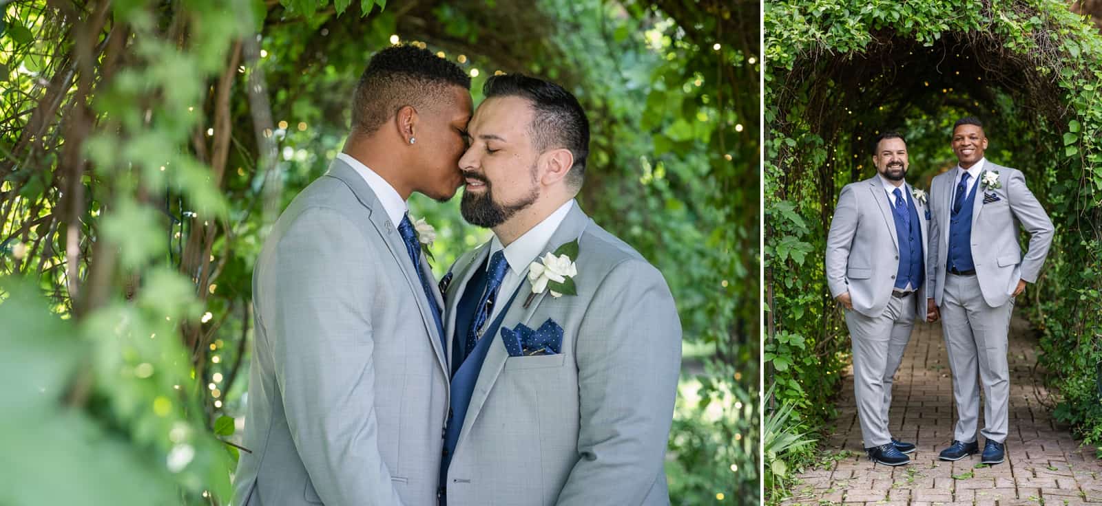 Male same-sex couple portraits under arbor and twinkle lights