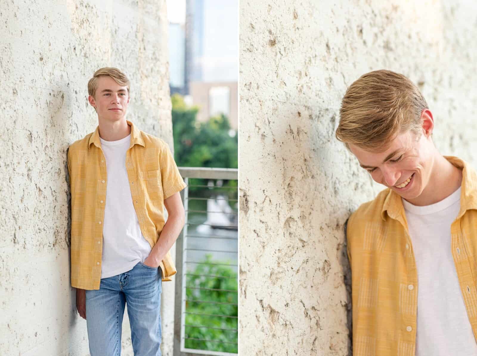 senior boy in yellow casual shirt poses for photos and laughs